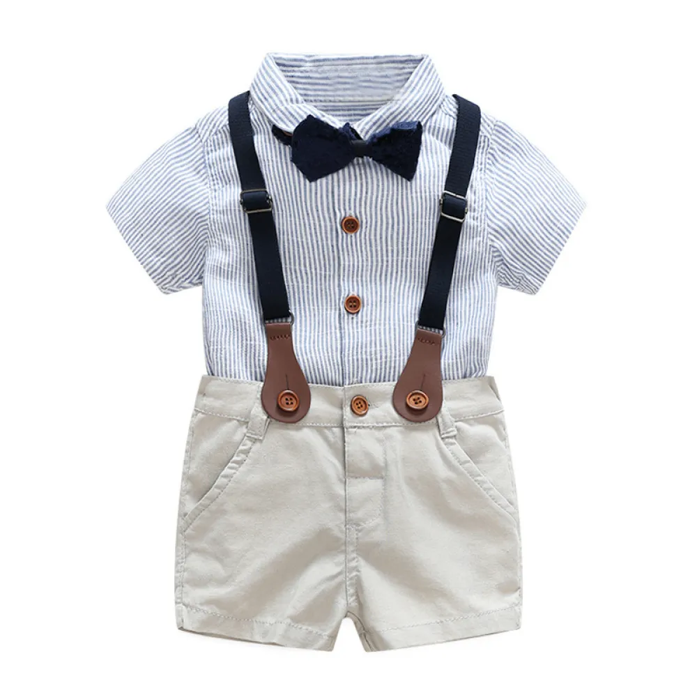Baby Boys Cotton Gentleman Bowtie Short-Sleeve T-Shirt+Overalls Shorts Outfits Set