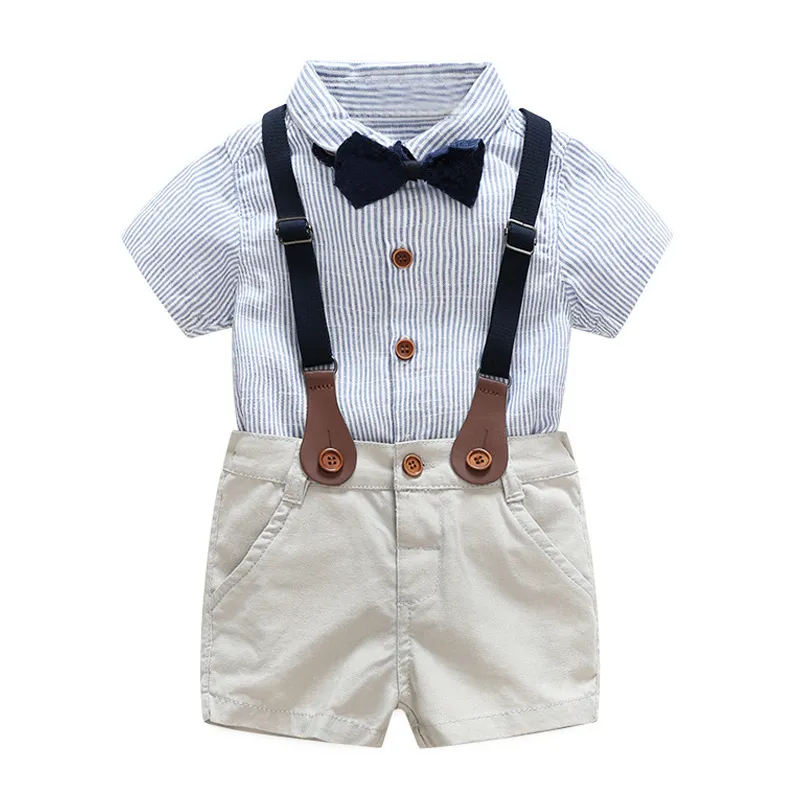 Baby Boys Cotton Gentleman Bowtie Short-Sleeve T-Shirt+Overalls Shorts Outfits Set
