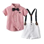 Baby Boys Cotton Gentleman Bowtie Short-Sleeve T-Shirt+Overalls Shorts Outfits Set