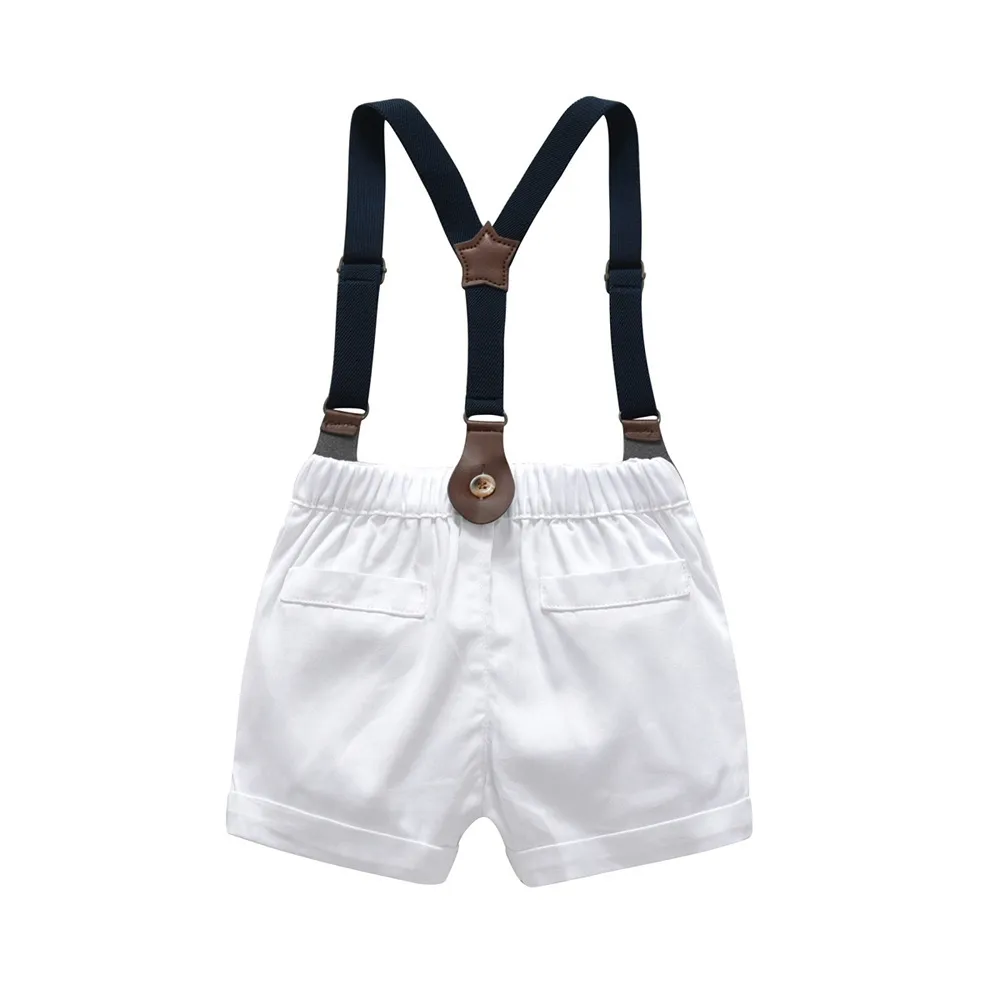 Baby Boys Cotton Gentleman Bowtie Short-Sleeve T-Shirt+Overalls Shorts Outfits Set