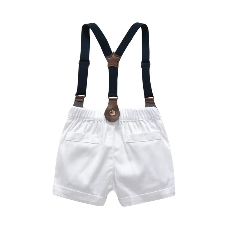 Baby Boys Cotton Gentleman Bowtie Short-Sleeve T-Shirt+Overalls Shorts Outfits Set