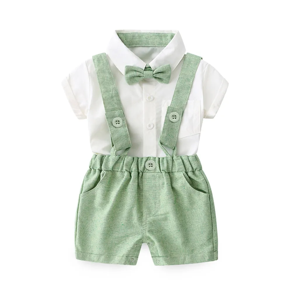 Baby Boys Clothes Cotton Gentleman Bowtie Short-Sleeve T-Shirt+Overalls Shorts Outfits Set
