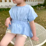2021 New Baby Girls Shirts Summer Irregular Open-Back Strappy Shirt  Short-Sleeve Clothes