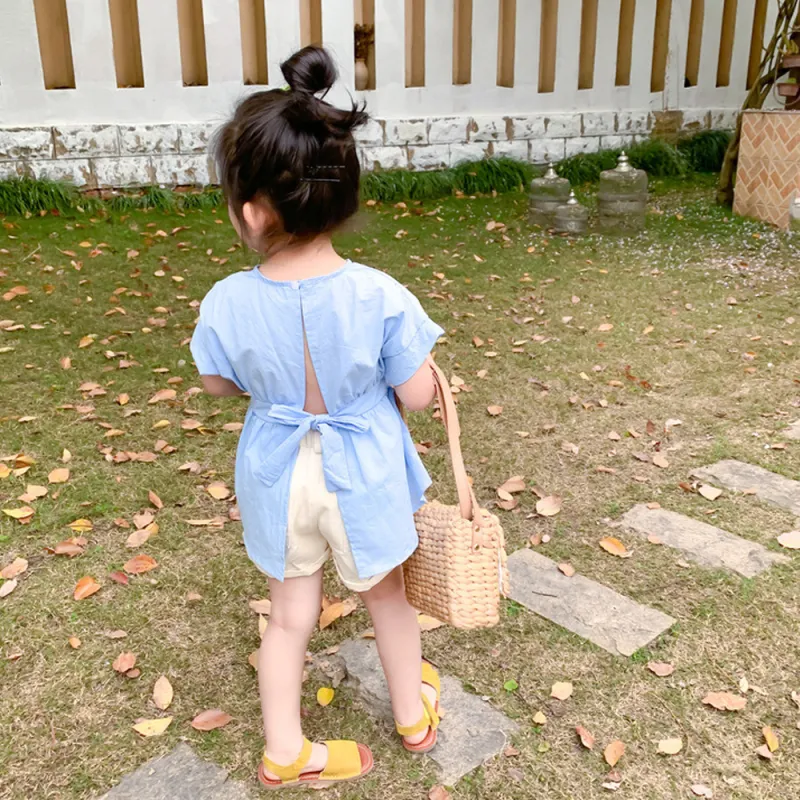 2021 New Baby Girls Shirts Summer Irregular Open-Back Strappy Shirt  Short-Sleeve Clothes