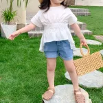2021 New Baby Girls Shirts Summer Irregular Open-Back Strappy Shirt  Short-Sleeve Clothes