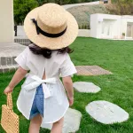 2021 New Baby Girls Shirts Summer Irregular Open-Back Strappy Shirt  Short-Sleeve Clothes