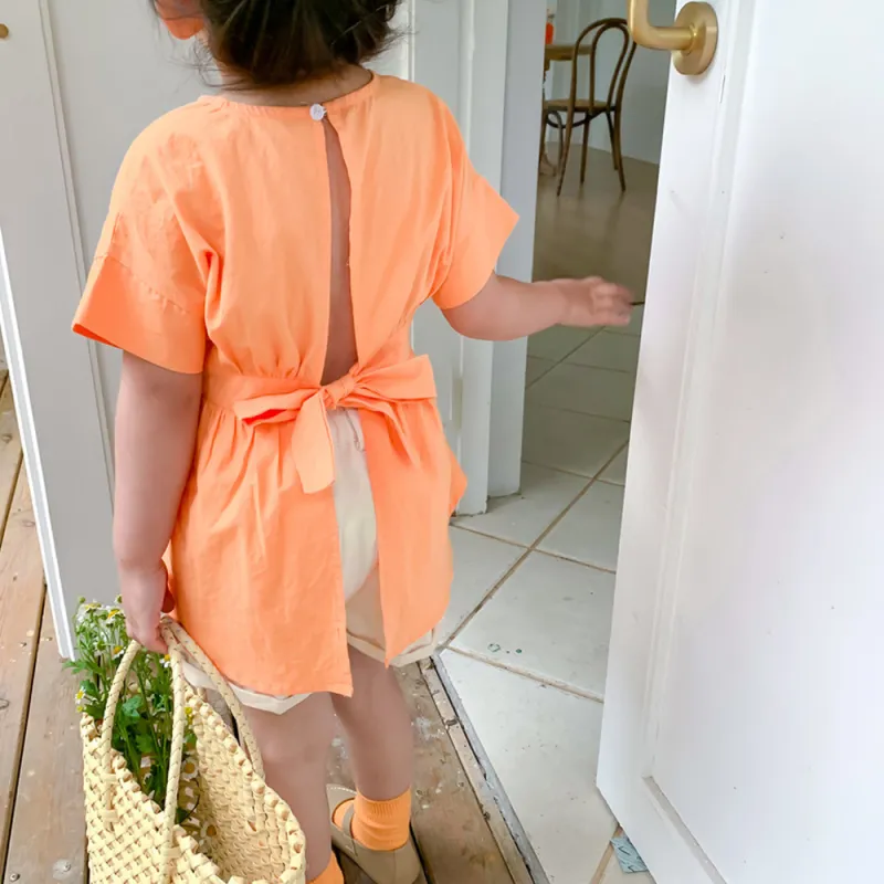 2021 New Baby Girls Shirts Summer Irregular Open-Back Strappy Shirt  Short-Sleeve Clothes
