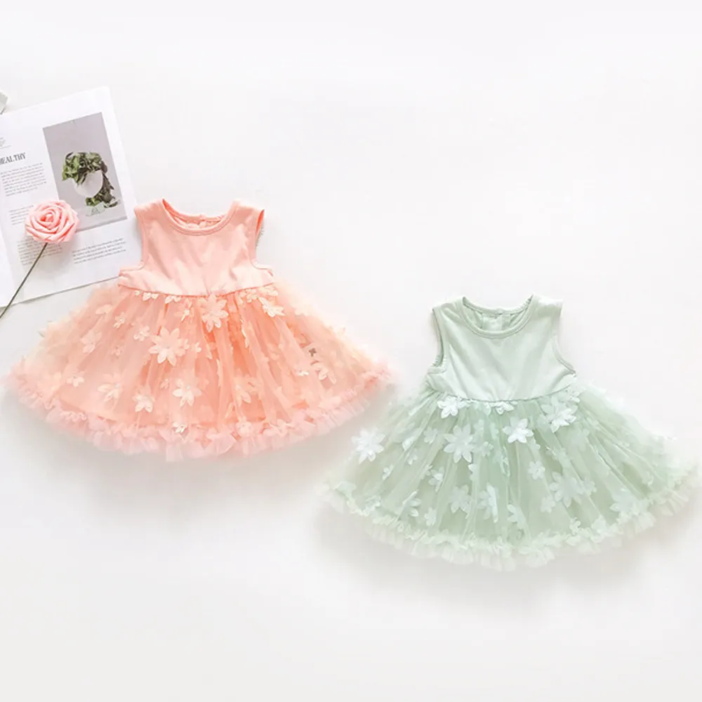 Baby Girls Dresses Summer Sleeveless Three-Dimensional Floral Gauze Princess Dress