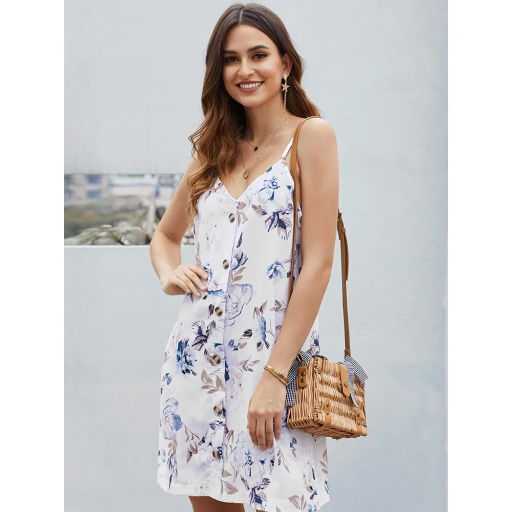 KISFLY 2021 New Women's Summer Halter Floral Print Sleeveless Dress