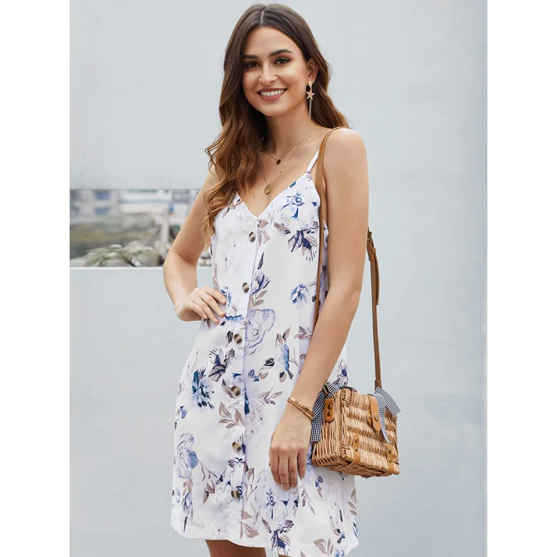 KISFLY 2021 New Women's Summer Halter Floral Print Sleeveless Dress