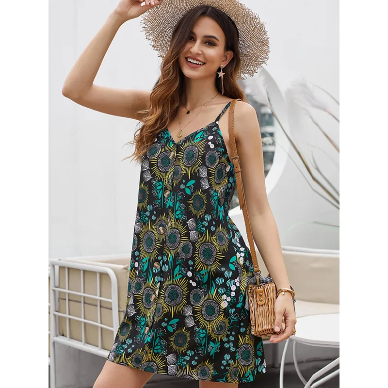 KISFLY 2021 New Women's Summer Halter Floral Print Sleeveless Dress