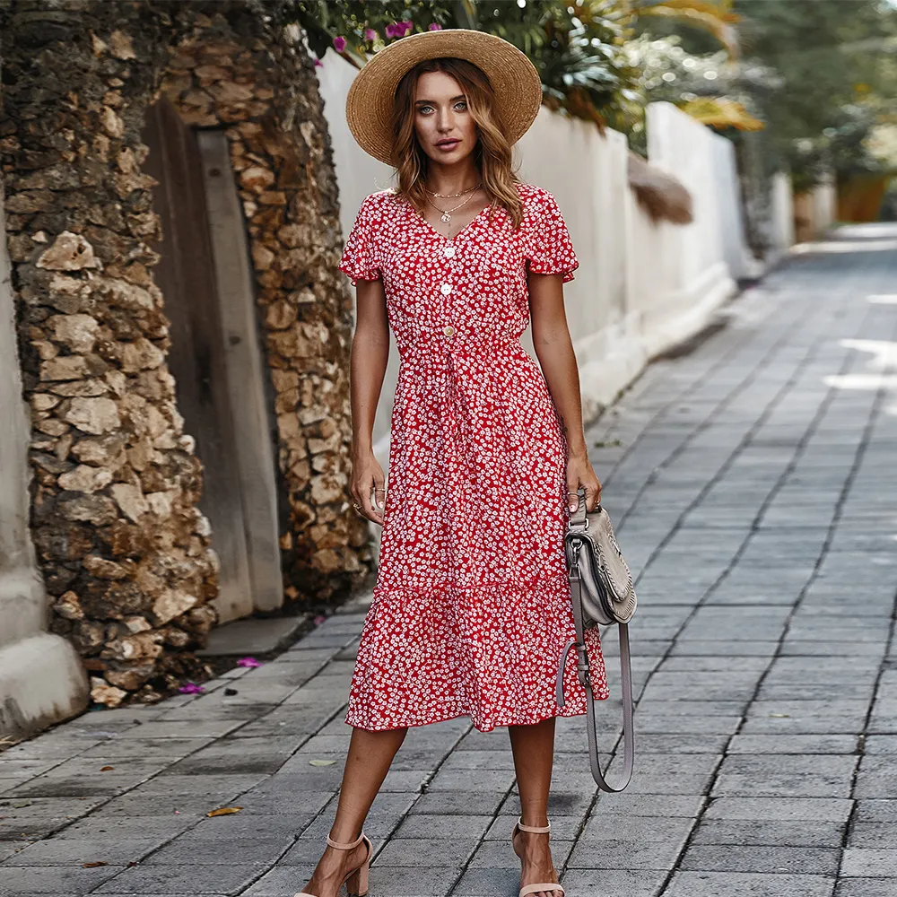 Summer Women Dress Casual Short Sleeve Print Long Dresses