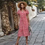 Summer Women Dress Casual Short Sleeve Print Long Dresses