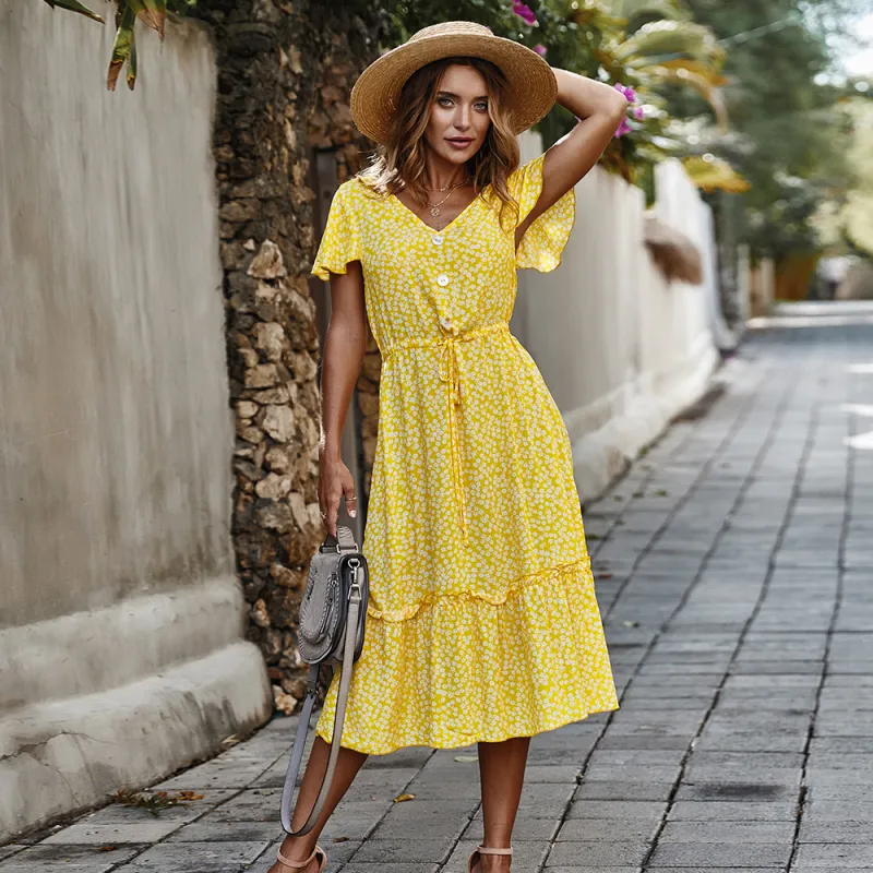Summer Women Dress Casual Short Sleeve Print Long Dresses