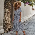 Summer Women Dress Casual Short Sleeve Print Long Dresses