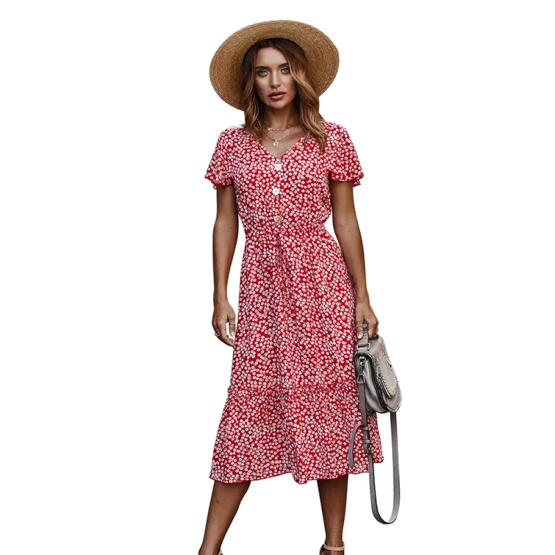 Summer Women Dress Casual Short Sleeve Print Long Dresses