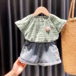 2021 New Short-Sleeve Clothes Chic Ripped Jean Shorts a Two-piece Summer Outfit for Girls 
