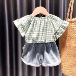 2021 New Short-Sleeve Clothes Chic Ripped Jean Shorts a Two-piece Summer Outfit for Girls 