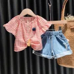 2021 New Short-Sleeve Clothes Chic Ripped Jean Shorts a Two-piece Summer Outfit for Girls 