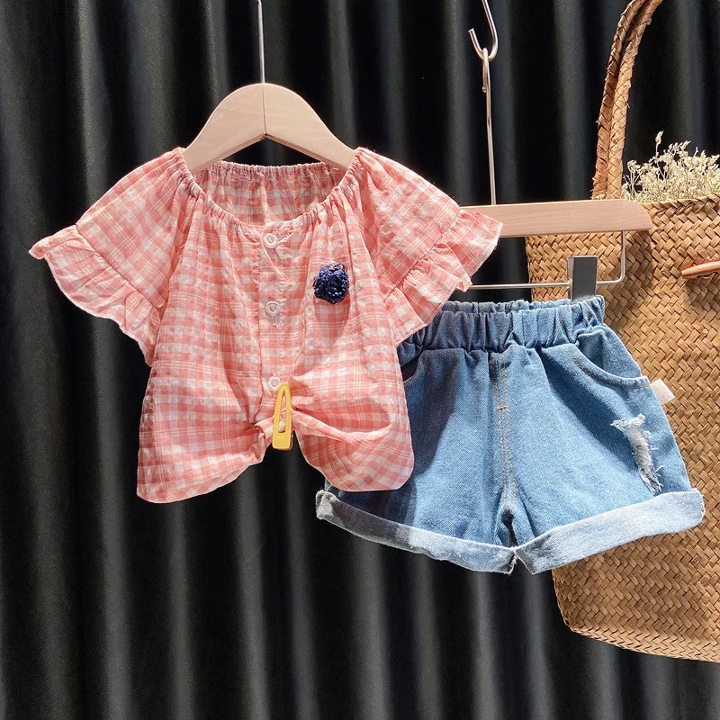 2021 New Short-Sleeve Clothes Chic Ripped Jean Shorts a Two-piece Summer Outfit for Girls 