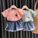 2021 New Short-Sleeve Clothes Chic Ripped Jean Shorts a Two-piece Summer Outfit for Girls 