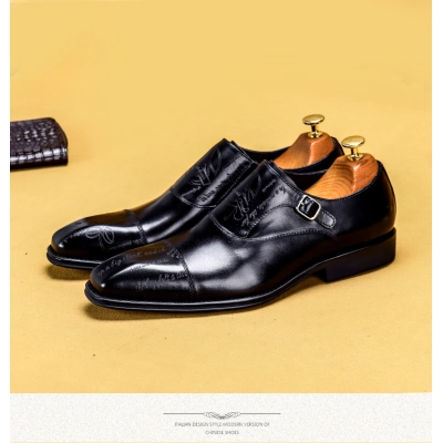 Men fashion business leather buckle embossed cowhide shoes 02