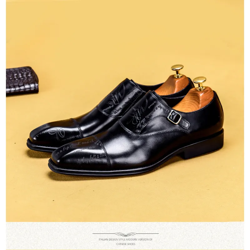 Men fashion business leather buckle embossed cowhide shoes