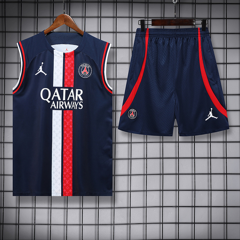 Ligue 1 23/24 Paris FC Soccer Vest Training Suit Dark Blue（white and red bars）