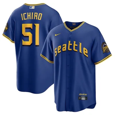 Men's Seattle Mariners Ichiro Navy Official Replica Player Name Jersey 01