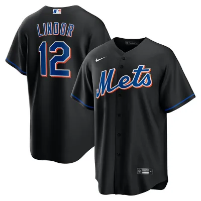 Men's New York Mets Francisco Lindor Black Alternate Replica Player Name Jersey 01