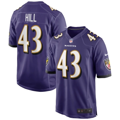 Men's Baltimore Ravens Justice Hill Purple Game Jersey 01