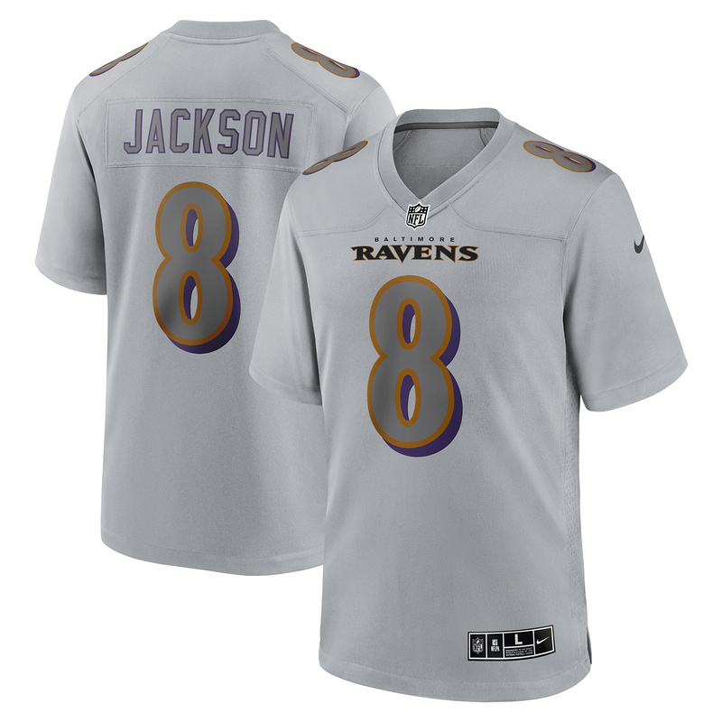 Men's Baltimore Ravens Lamar Jackson Gray Atmosphere Fashion Game Jersey