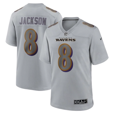 Men's Baltimore Ravens Lamar Jackson Gray Atmosphere Fashion Game Jersey 01
