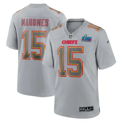 Men's Kansas City Chiefs Patrick Mahomes Gray Super Bowl LVII (2022 ) Patch Atmosphere Fashion Game Jersey 01