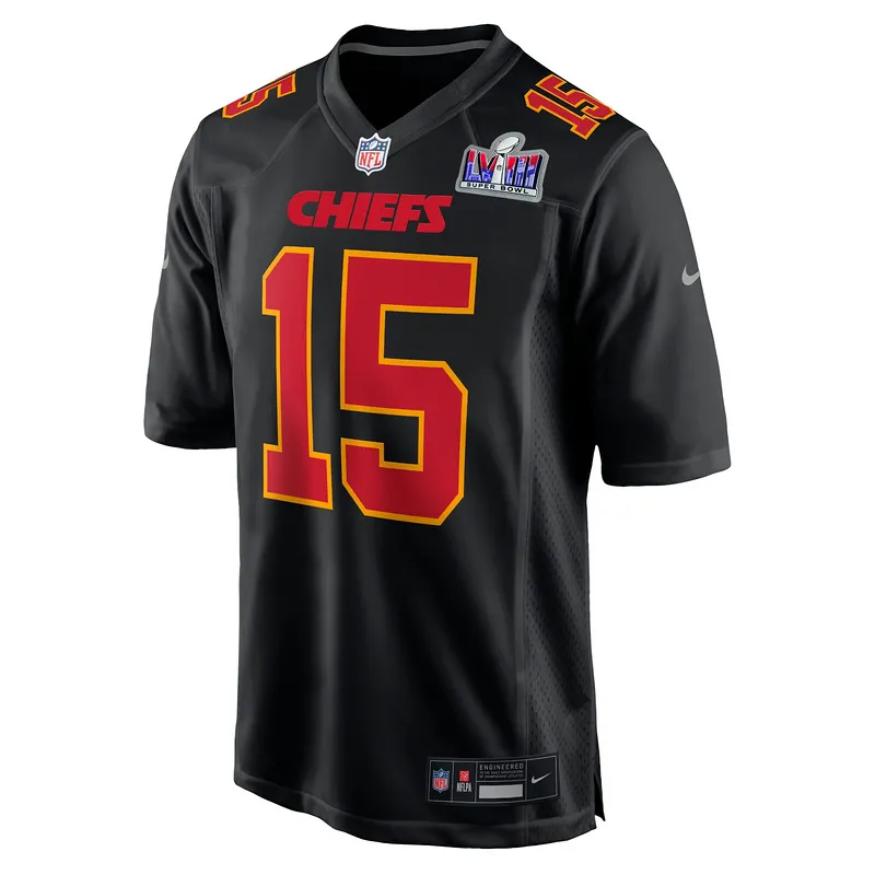 Men's Chiefs Patrick Mahomes Black Super Bowl LVIII Carbon Fashion Game Player Jersey