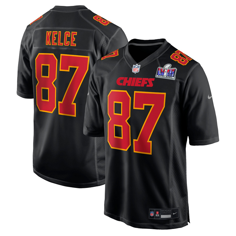 Men's Chiefs Travis Kelce Black Super Bowl LVIII Carbon Fashion Game Player Jersey