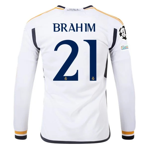 La Liga Men's Replica Brahim Real Madrid Long Sleeve Home Jersey 23/24