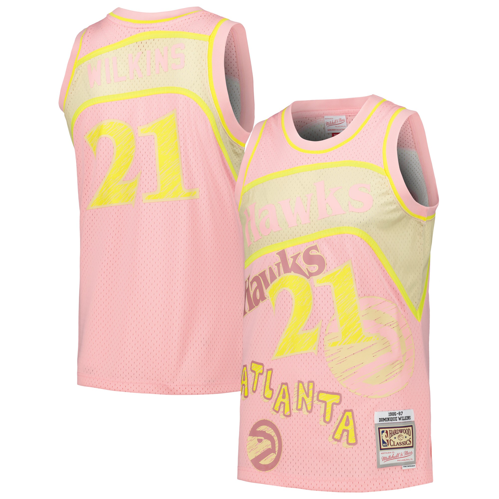 Men's Atlanta Hawks Dominique Wilkins Pink 1986/87 Swingman Sidewalk Sketch Jersey