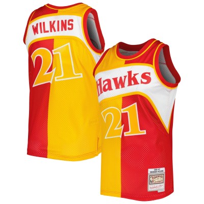 Men's Atlanta Hawks Dominique Wilkins Yellow/Red Hardwood Classics 1986/87 Split Swingman Jersey 01