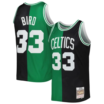 Men's Boston Celtics Larry Bird Black/Kelly Green Hardwood Classics 1985/86 Split Swingman Jersey 01