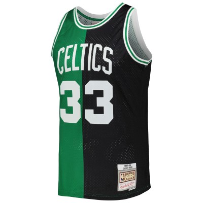 Men's Boston Celtics Larry Bird Black/Kelly Green Hardwood Classics 1985/86 Split Swingman Jersey 02