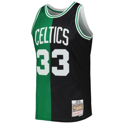 Men's Boston Celtics Larry Bird Black/Kelly Green Hardwood Classics 1985/86 Split Swingman Jersey 02