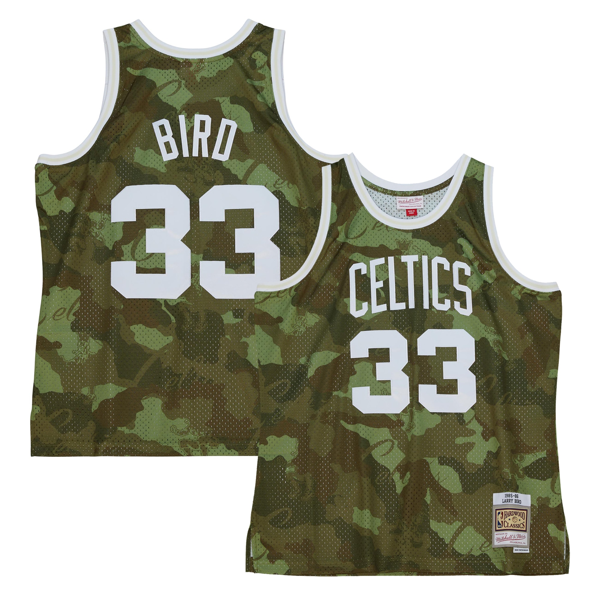 Men's Boston Celtics Larry Bird Camo Hardwood Classics 1985/86 Ghost Green Swingman Jersey