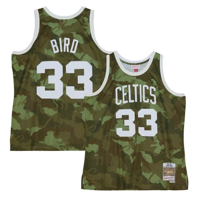 Men's Boston Celtics Larry Bird Camo Hardwood Classics 1985/86 Ghost Green Swingman Jersey 01