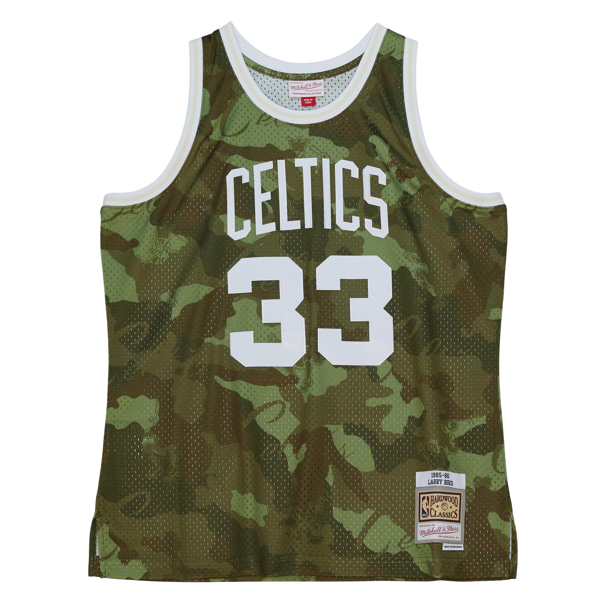 Men's Boston Celtics Larry Bird Camo Hardwood Classics 1985/86 Ghost Green Swingman Jersey