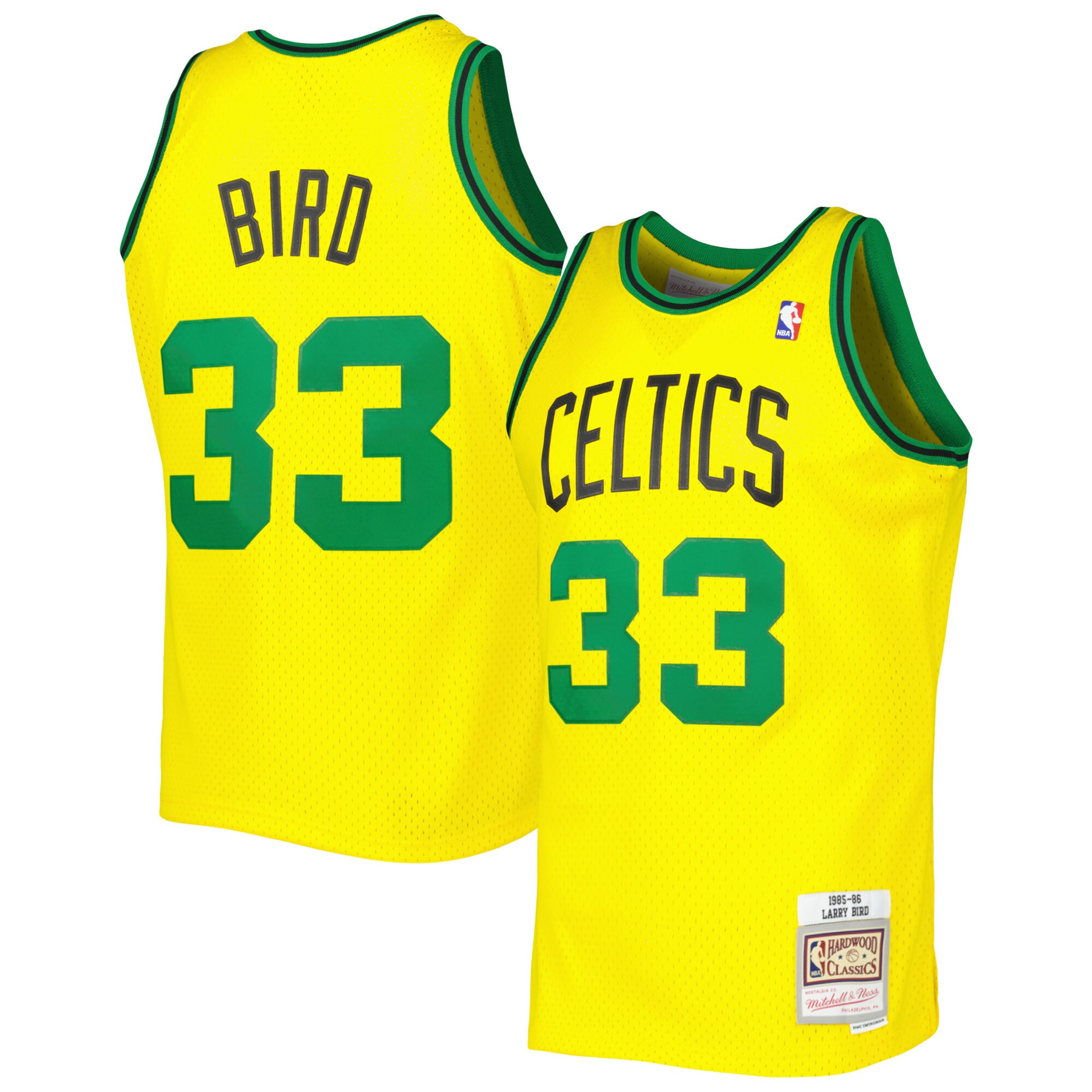 Men's Boston Celtics Larry Bird Gold 1985-86 Hardwood Classics Reload 3.0 Swingman Jersey