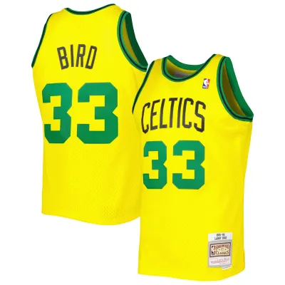 Men's Boston Celtics Larry Bird Gold 1985-86 Hardwood Classics Reload 3.0 Swingman Jersey 01