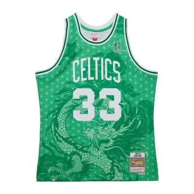 Men's Boston Celtics Larry Bird Kelly Green 1985/86 Hardwood Classics Asian Heritage 6.0 Swingman Throwback Player Jersey 02