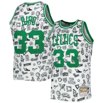 Men's Boston Celtics Larry Bird White 1985/86 Hardwood Classics Doodle Swingman Jersey 01