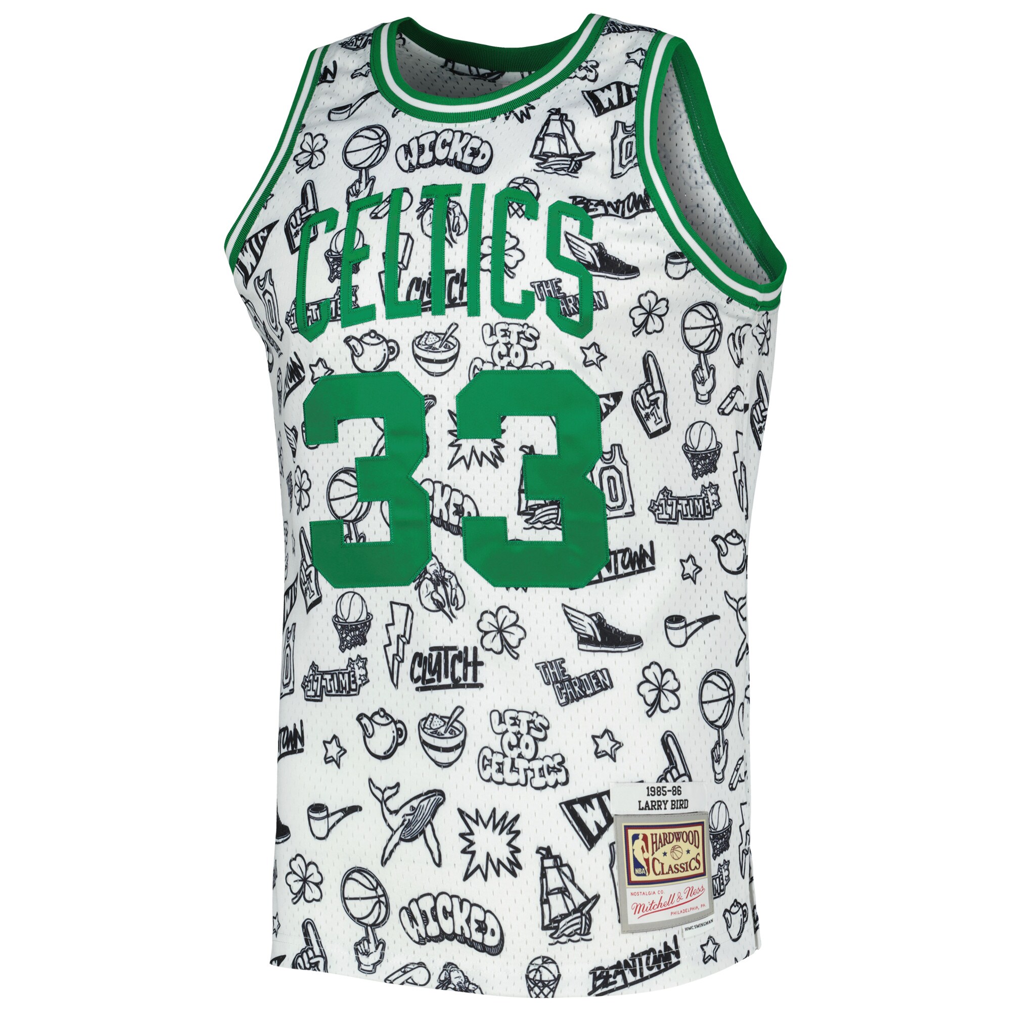 Men's Boston Celtics Larry Bird White 1985/86 Hardwood Classics Doodle Swingman Jersey